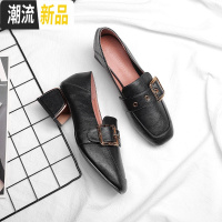 一脚蹬乐福鞋女2020春季新款复古方头女鞋百搭软皮学生中粗跟单鞋 广赫