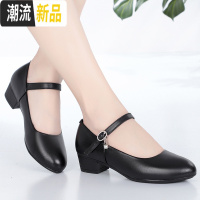 旗袍走秀一字扣高跟鞋女粗跟中跟圆头真皮鞋单鞋黑工作鞋大码女鞋 广赫