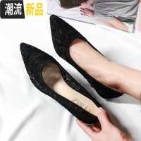 蕾丝单鞋大码尖头猫跟工装鞋5cm细跟职业高跟鞋黑色镂空网纱女鞋 广赫