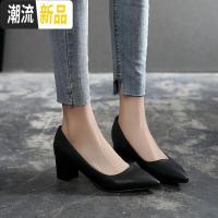 适合脚宽脚胖的女鞋尖头百搭单鞋粗跟5cm大码高跟鞋41-43肥mm真皮 广赫