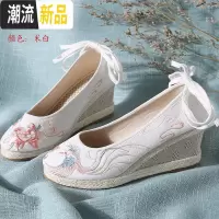 汉服鞋子女2020新款绣花鞋配汉服古风高跟鞋坡跟系带古装增高布鞋 广赫