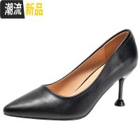 真皮工作鞋女黑色细跟舒适百搭浅口四季单鞋ol白领正装职业高跟鞋 广赫