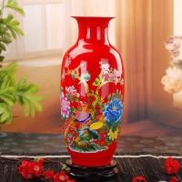 151景德镇陶瓷器落地花瓶 现代 时尚中国红牡丹花瓶家饰客厅摆件