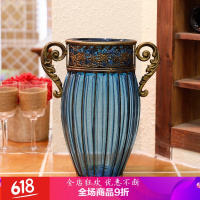 创意花瓶摆件 美式复古铁艺玻璃花瓶透明双耳客厅电视柜水养水培