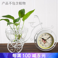 创意摆件花瓶水培玻璃透明个性时钟双面座钟客厅铁艺静音钟表装饰