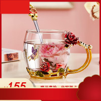 彩水杯洛施花舍欧式办公室女玫瑰花茶杯水晶玻璃杯带盖小清新