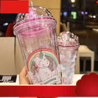 ins亮片双层塑料杯学生网红抖音同款带吸管喝水杯子家用水杯