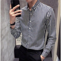 长袖衬衫男条纹学生韩版黑白格子衬衣男修身百搭潮流休闲寸衫 YUANSU男士衬衫