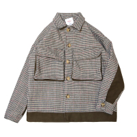 YUANSU危机青年 复古千鸟纹呢料棉衣男 日系宽松大口袋外套夹棉拼色夹克夹克