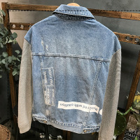 YUANSU秋装个性潮牌拼接针织袖牛仔外套男韩版潮流牛仔衣秋冬夹克上衣服夹克