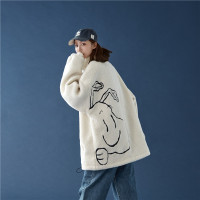 YUANSU冬季情侣刺绣羊羔毛外套男棉衣大学生加厚潮流oversize颗粒绒夹克夹克