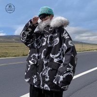 YUANSU卡通动漫印花羽绒棉服男潮牌胖子大码宽松毛领棉衣冬季外套男棉袄棉衣