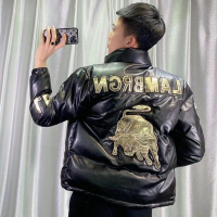 YUANSU冬季新款皮棉衣男加厚韩版网红个性金牛刺绣棉服社会精神小伙棉袄棉衣