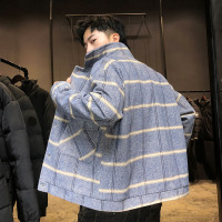 YUANSU毛呢大衣男秋冬季韩版潮流格子短款加厚风衣青少年大学生呢子外套风衣
