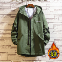 YUANSU冬季保暖夹棉加厚中长款风衣男士加肥加大码纯色潮胖连帽外套男装风衣