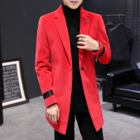 YUANSU大红色呢子外套男士痞帅风衣中长款2020秋冬加厚潮流毛呢大衣冬装风衣