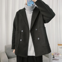 YUANSU秋冬季新款毛呢大衣男中长款宽松复古千鸟格子妮子风衣外套男装潮风衣