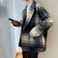 YUANSU冬季西装领格子毛呢外套男短款宽松韩版潮流帅气加厚休闲西装风衣风衣