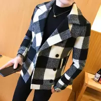YUANSU男士风衣秋冬季加厚短款毛呢外套潮流青年韩版修身双排扣呢子大衣风衣