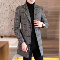 YUANSU呢子大衣男秋冬季韩版修身格子毛呢外套男士风衣中长款青年休闲潮风衣