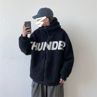 YUANSU孤僻星球冬季防寒保暖外套黑色复古显瘦羊羔绒棉衣男字母连帽棉袄棉衣