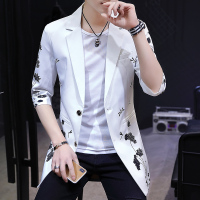 YUANSU男士帅气薄款夏装无袖风衣中长款韩版花西服发型师潮流修身型披风风衣