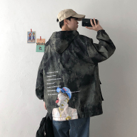 YUANSU人物印花迷彩外套男潮牌加肥加大风衣短款港风宽松痞帅夹克秋冬季风衣