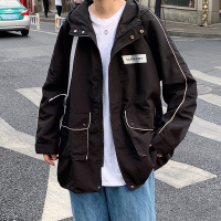 YUANSU后背印花风衣男士中长款秋冬季胖子大码大衣韩版潮流帅气连帽外套风衣