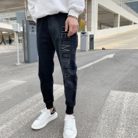 YUANSU网红牛仔裤男修身小脚2020秋冬款发型师加绒加厚刺绣束脚裤男潮牌休闲裤