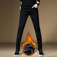 YUANSU香港加绒加厚黑色牛仔裤男秋冬款修身小脚潮牌高端弹力休闲长裤男休闲裤