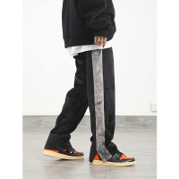 YUANSU日系黑色串标阔腿休闲裤男宽松直筒长裤秋季韩版潮流排扣百搭裤子休闲裤