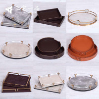 北欧ins金属古铜电镀皮质欧式真皮牛皮客厅家用水杯茶几托盘摆件