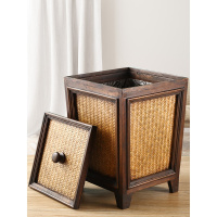 泰国复古藤编纸篓垃圾桶家用 创意木质垃圾桶有盖客厅 酒店高档