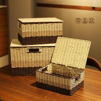 桌面田园收纳箱带盖盒子杂物储物箱纸藤编零食玩具衣物整理篮筐子