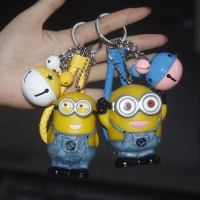 创意可爱小黄人汽车钥匙扣编织绳钥匙圈链娃娃机玩偶公仔玩具挂件 跑量拼色铃铛粉白