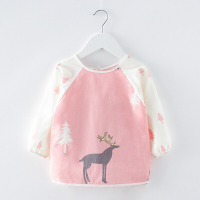 宝宝吃饭罩衣围兜秋冬季长袖婴儿防水反穿衣女男儿童画画围裙护衣 长袖-粉色小鹿 18码(衣长5CM/6-8岁)