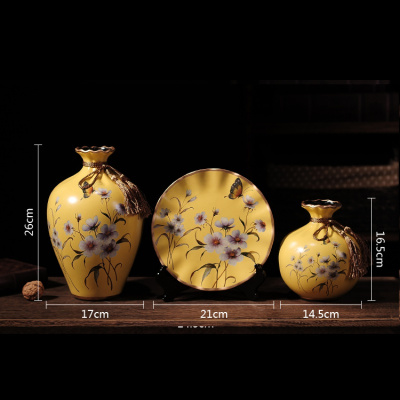 美式复古陶瓷摆件古达花瓶盘子欧式客厅玄关酒柜现代创意家居装饰品 复古黄金麦三件套