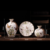 美式复古陶瓷摆件古达花瓶盘子欧式客厅玄关酒柜现代创意家居装饰品 白底鸟语花香三件套