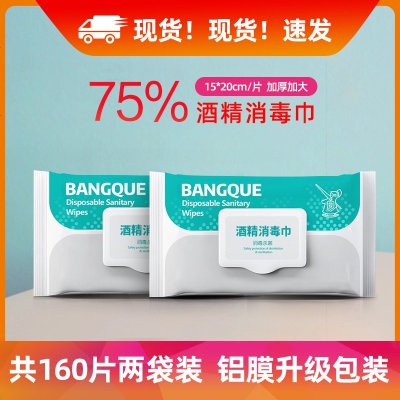 酒精消毒湿巾75%酒精棉片棉球杀毒杀菌擦额温枪体温计手除菌抑菌 袋装160片2袋(升级铝膜包装)