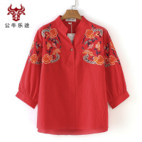 公牛乐途2020中老年女装夏大码绣花春季套头宽松胖妈妈衬衫妈妈中年棉麻上衣女