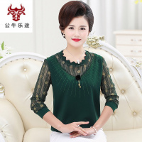 公牛乐途2020妈妈春装打底衫T恤时尚中年妇女大码春秋蕾丝中老年女装长袖上衣