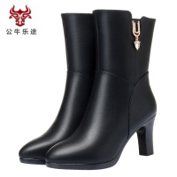 公牛乐途2020妈妈靴子女秋冬季棉鞋高跟加绒真皮软底防滑中老年中年中筒靴女鞋