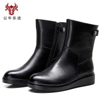 公牛乐途2020秋冬季女靴平跟中筒靴加绒棉靴女棉鞋真皮靴子大码女鞋牛皮靴4143