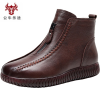 公牛乐途2020冬季加绒保暖款妈妈复古短靴女真皮牛筋软底中老年人棉鞋百搭舒适