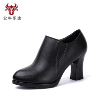 公牛乐途单鞋女粗跟2020新款春秋季韩版百搭真皮高跟鞋黑色女士小皮鞋女鞋