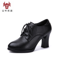 公牛乐途单鞋女高跟鞋子2020新款春秋季工作鞋真皮百搭舒适粗跟小皮鞋女鞋