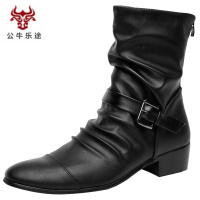 公牛乐途2020春秋马丁靴男士韩版潮流高帮靴中筒拉链内增高尖头皮靴男靴子