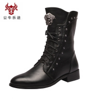 公牛乐途2020男靴子韩版潮流尖头内增高铆钉靴高帮中筒马丁靴男士皮靴春秋冬