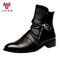 公牛乐途2020男靴子高帮韩版尖头短靴男铆钉靴潮流内增高鞋马丁靴男士皮靴