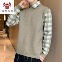 公牛乐途2020毛衣男假两件衬衫领打底衫外穿单穿格子衬衫男人休闲保暖衬衣薄款